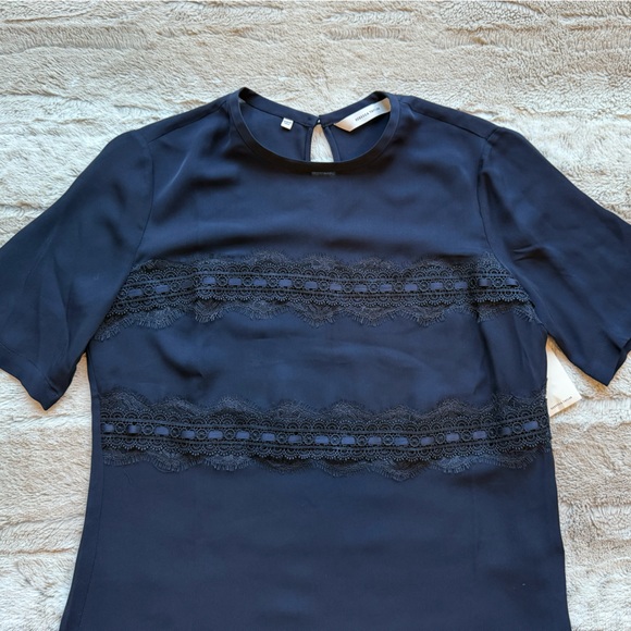NWT REBECCA TAYLOR Lace Stripe Silk Top In Dark Navy Size XS - Picture 6 of 16